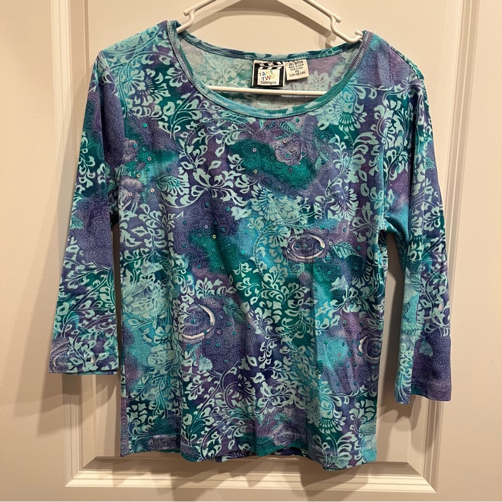 Take Two T Shirt Purple blue sequin 3/4 sleeve women’s size Petite small